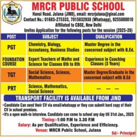 Teaching Opportunities at MRCR Public School, Julana, Haryana