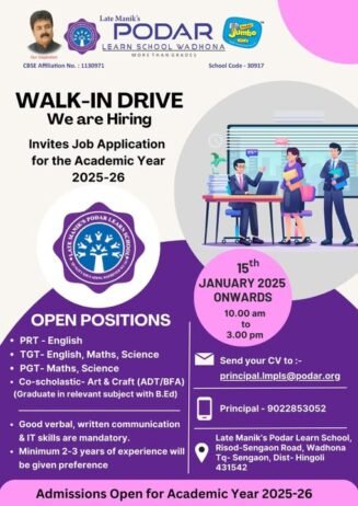 Job Opportunity at Late Manik’s Podar Learn School, Wadhona, Maharastra