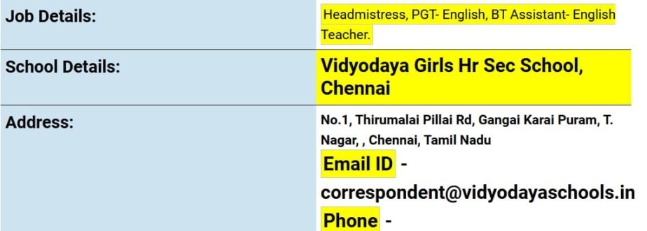 Job opportunity in Vidyodaya Girls Higher Secondary School,Chennai,Tamil Nadu