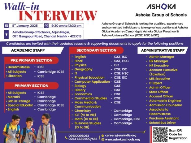 PGT teacher Recruitment at Ashoka Group of Schools, Nashik, Maharashtra