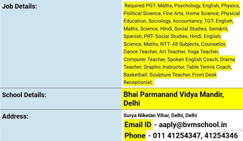 Teacher Recruitment at Bhai Parmanand Vidya Mandir, Delhi