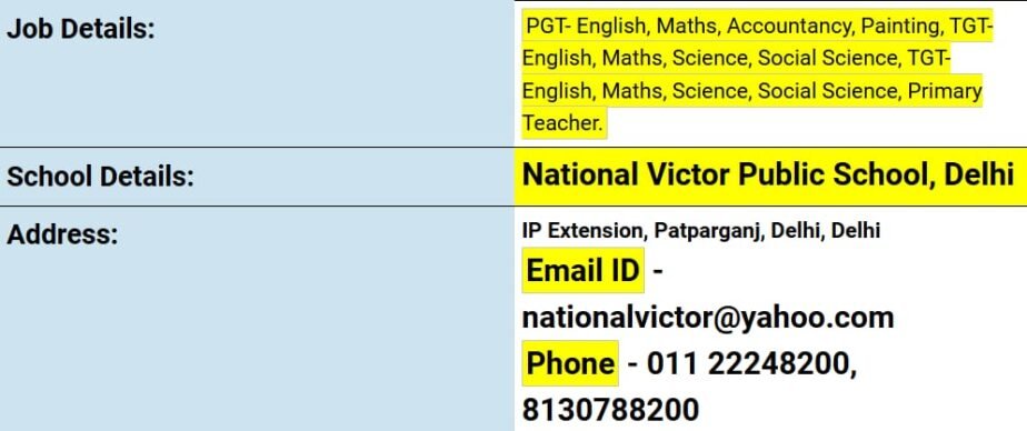 Teaching Opportunities at National Victor Public School, Delhi