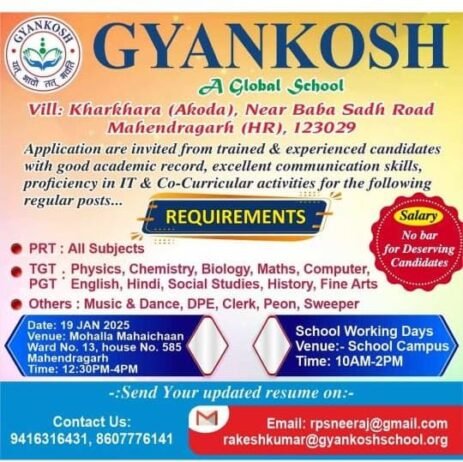 Teacher Recruitment at Gyankosh: A Global School, Mahendragarh, Haryana