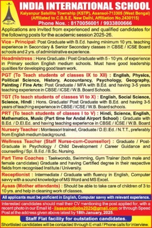 Job opportunity at India International School, Asansol, West Bengal