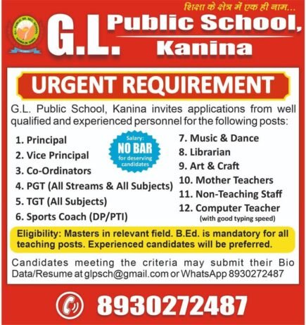 Job Opportunity at  G.L. Public School, Kanina, Mahendragarh, Haryana