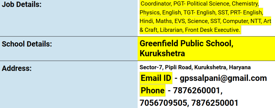 Teaching Job Opportunities at Greenfield Public School, Kurukshetra, Haryana