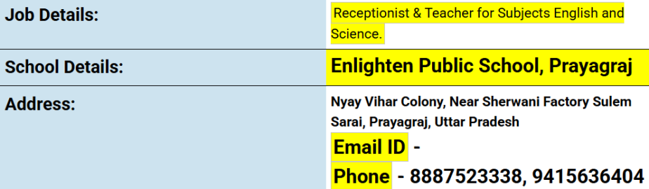 Receptionist & Teacher Job Openings at Enlighten Public School, Prayagraj, Uttar Pradesh
