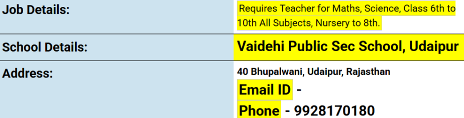 Exciting Teaching Job Opportunities at Vaidehi Public Sec School, Udaipur, Rajasthan