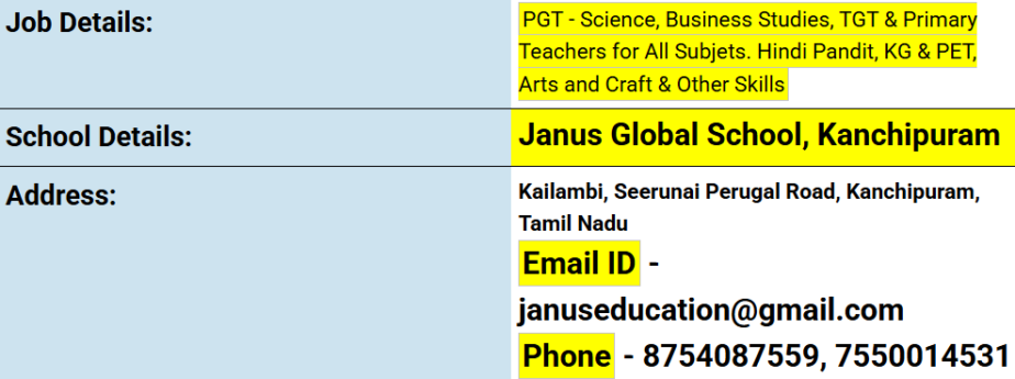 Exciting Teaching Job Opportunities at Janus Global School, Kanchipuram, Tamil Nadu