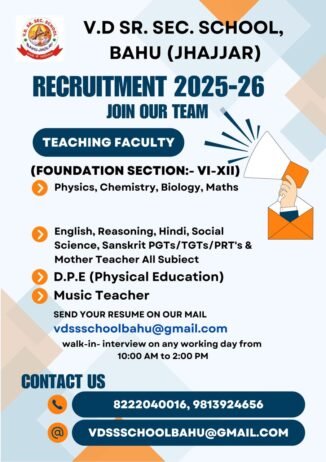 Job Opportunity at V.D Sr. Sec. School, Bahu, Haryana
