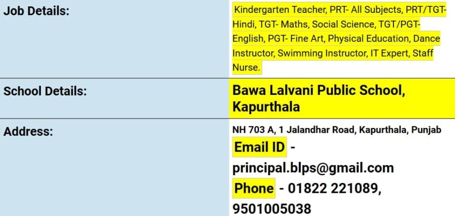 Job Opportunity at Bawa Lalvani Public School, Kapurthala, Punjab