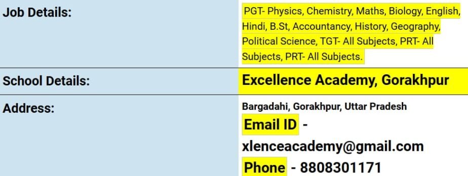 Job opportunity at Excellence Academy,Gorakhpur, Uttar Pradesh