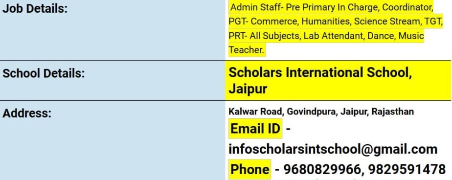 Teacher Recruitment at  Scholars International School, Jaipur, Rajasthan