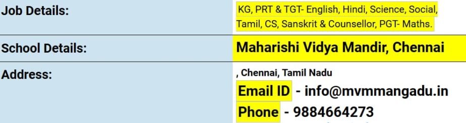 Teaching Jobs at Maharishi Vidya Mandir, Chennai