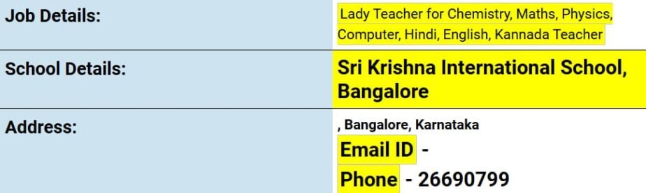 Job opportunity at  Sri Krishna International School,Bangalore,Karnataka