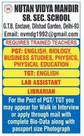 Job Openings at Nutan Vidya Mandir Sr. Sec. School, East Delhi, Delhi