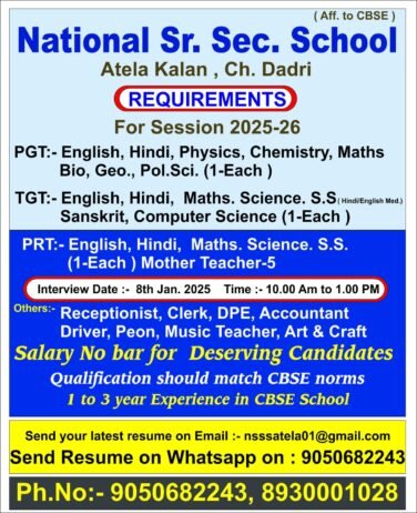 Teaching and Non-Teaching Job Openings at National Sr. Sec. School, Haryana