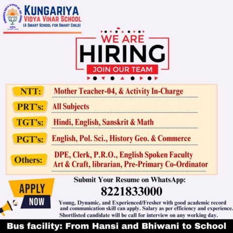 Teaching Jobs at Kungariya Vidya Vihar School, Bhiwani, Haryana