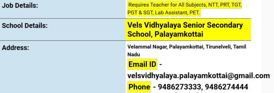 Exciting Teaching Opportunities at Vels Vidyalaya Senior Secondary School, Palayamkottai,Tamil Nadu