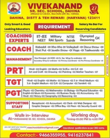 Teacher Recruitment at Vivekanand Sr. Sec. School, Dahina, Rewari, Haryana