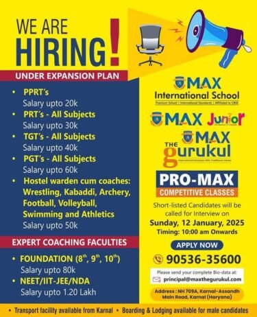 Teacher Recruitment at Max International School, Karnal, Haryana