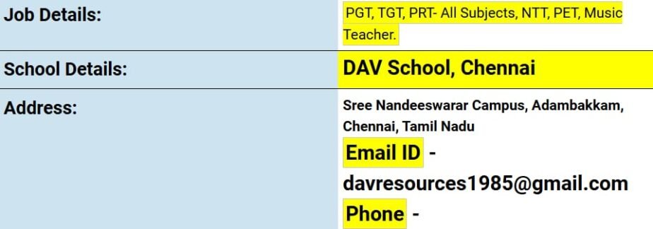 Teaching Opportunities at DAV School, Chennai, Tamil Nadu