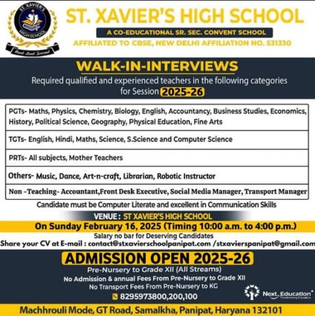 Teaching Job Opportunities at St. Xavier’s High School, Panipat, Haryana