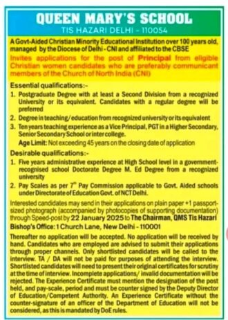 Teacher Recruitment at Queen Mary’s School, Central Delhi, Delhi