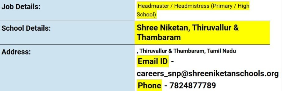 Headmaster/Headmistress Job Vacancy at Shree Niketan Schools, Tamil Nadu