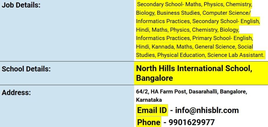 Teacher Recruitment at North Hills International School, Bangalore, Karnataka