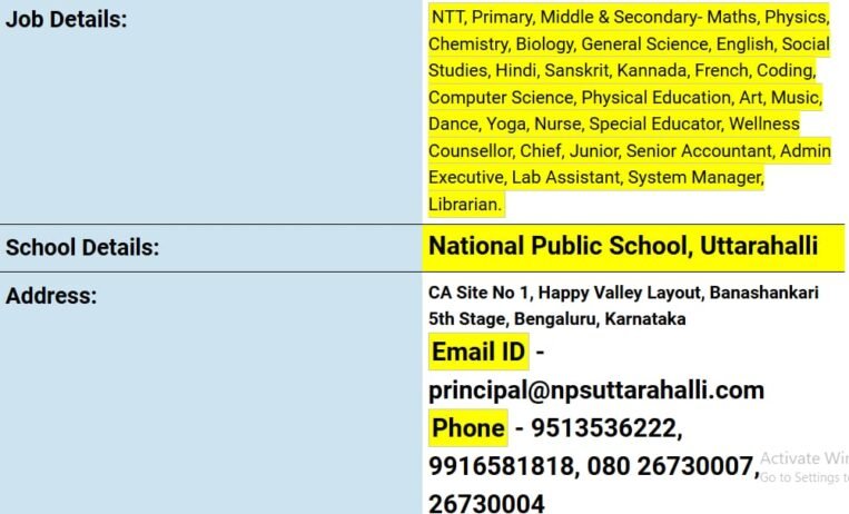 Teacher Recruitment at National Public School, Uttarahalli, Bengaluru, Karnataka