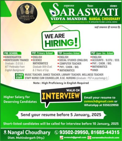 Teaching Job Openings at Saraswati Vidya Mandir, Mahendragarh, Haryana