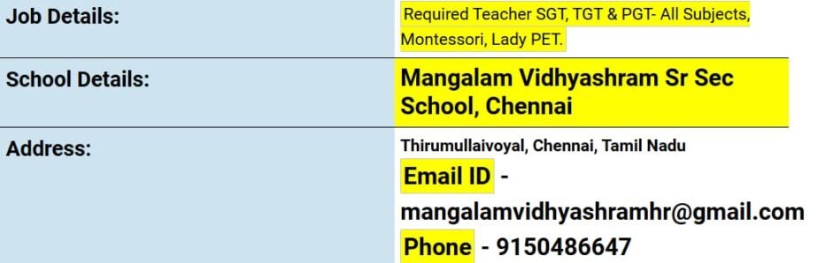 Dynamic Teaching Opportunities at Mangalam Vidhyashram Sr Sec School:,Chennai,Tamil Nadu