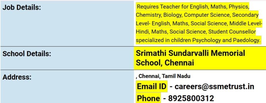 Teacher Recruitment at Srimathi Sundarvalli Memorial School, Chennai, Tamilnadu