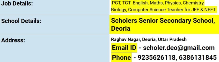 PGT and TGT Teachers recruitment at Scholars Senior Secondary School, Deoria, Uttar Pradesh