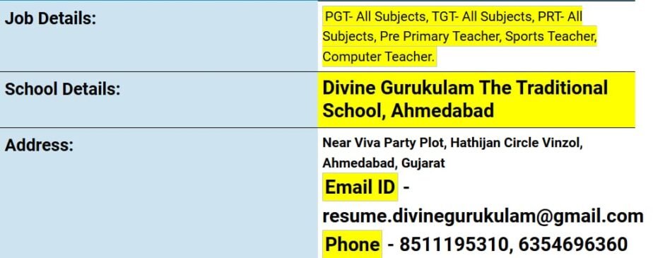 Teaching Job Openings at Divine Gurukulam School, Ahmedabad, Gujarat