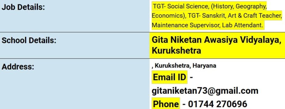 Teaching and Non-Teaching Job Opportunities at Gita Niketan Awasiya Vidyalaya, Kurukshetra, Haryana