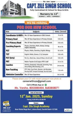 Exciting Career Opportunities: Join Capt. Zile Singh School, Charkhi Dadri,Haryana