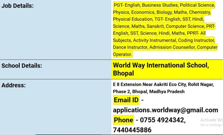 Teacher Recruitment at World Way International School, Bhopal, Madhya Pradesh