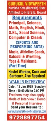 Teaching and Non-Teaching Job Opportunities at Gurukul Vidyapeeth, Hisar, Haryana