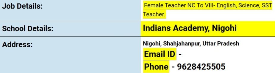 Teaching Jobs at Indians Academy Nigohi, Shahjahanpur, Uttar Pradesh | Female Teachers Needed for NC to VIII – Apply Now!