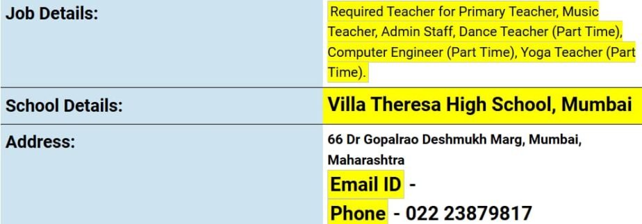 Non-Academic Job Opportunities at Villa Theresa High School, Mumbai