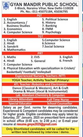 Exciting Teaching and Non-Teaching Job Opportunities at Gyan Mandir Public School, New Delhi,Delhi