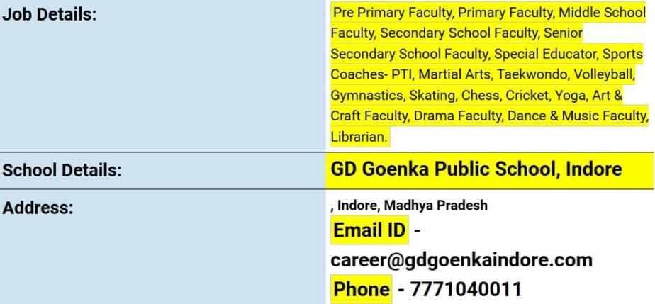 Teacher Recruitment at GD Goenka Public School, Indore, Madhya Pradesh