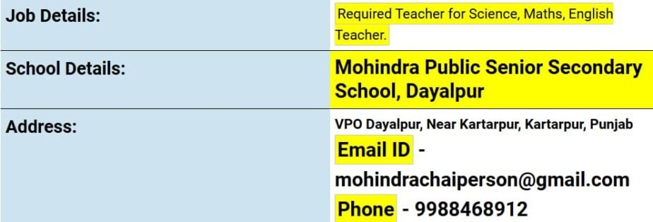 Exciting Teaching Job Vacancies at Mohindra Public Senior Secondary School, Punjab