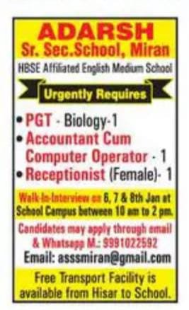 Teacher Recruitment at Adarsh Sr. Sec. School, Miran, Haryana