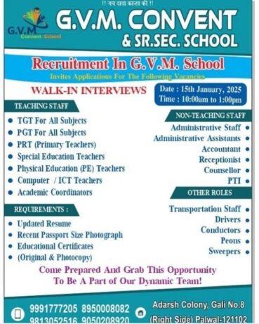 Teacher Recruitment at G.V.M. Convent & Sr. Sec. School, Palwal, Haryana