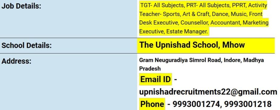 Teacher Recruitment at The Upnishad School, Mhow, Madhya Pradesh