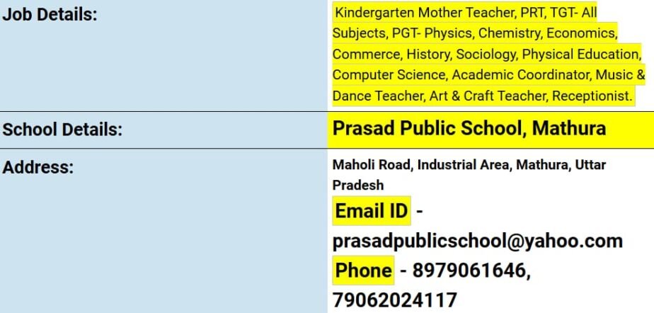 Teacher Recruitment at Prasad Public School, Mathura, Uttar Pradesh