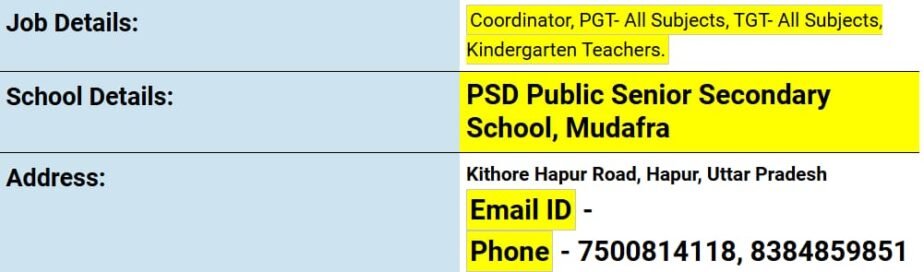 Teacher Vacancies at PSD Public Senior Secondary School, Mudafra, Uttar Pradesh